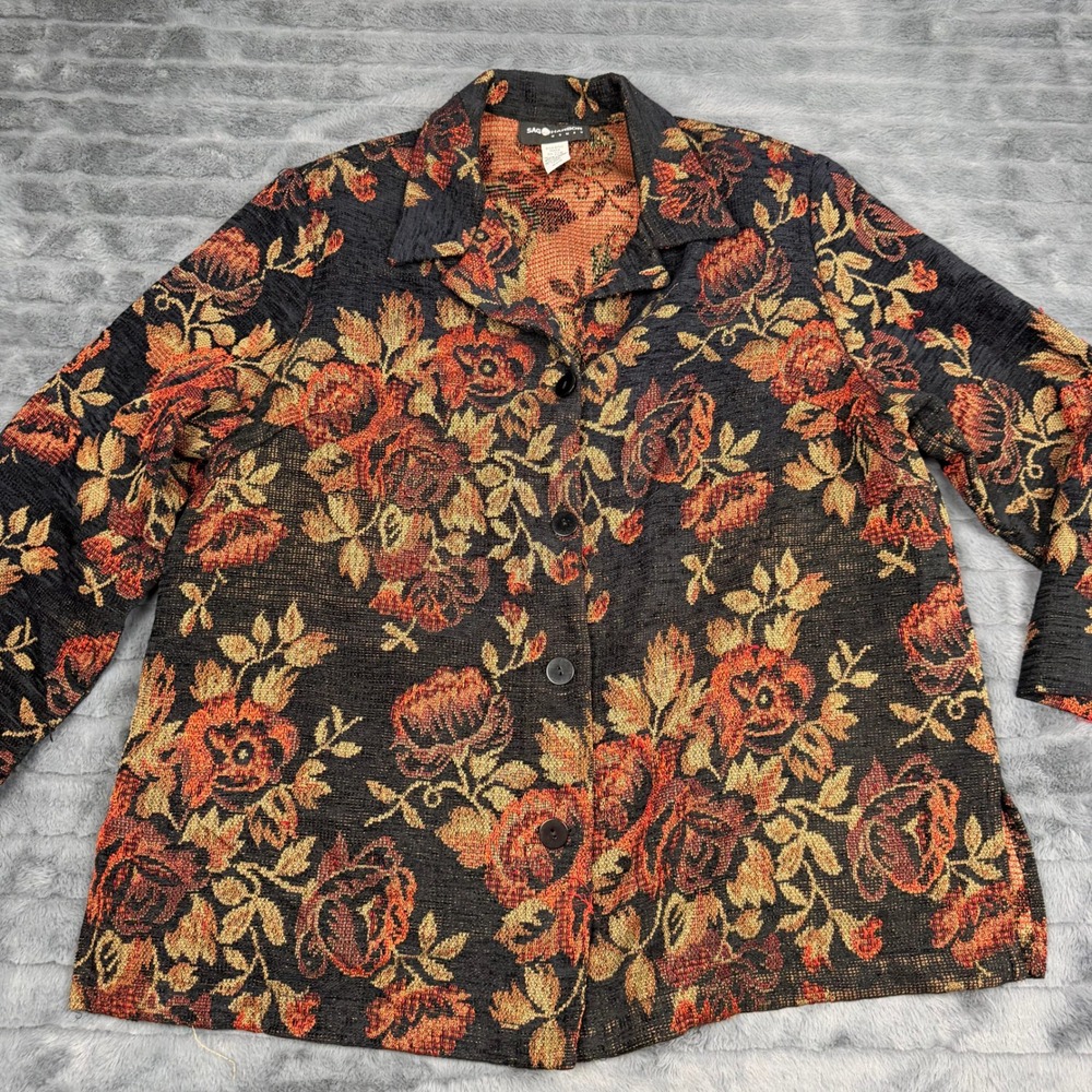 Sag Harbor Woman Floral Tapestry Jacket 22W Black Orange Rose Woven F44204